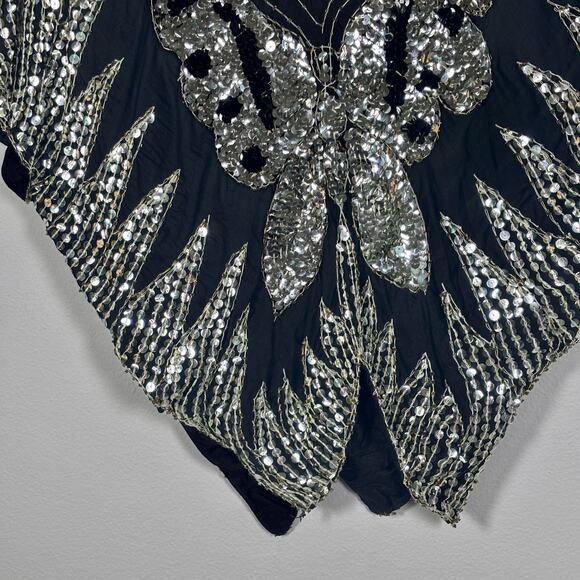 Vintage Silk Butterfly Sequin Top Black & Silver Women’s Size M New Years Eve - Picture 6 of 15